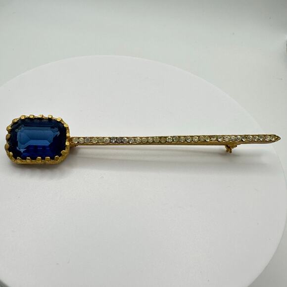 1950s vintage gold tone blue Uranium glass clear rhinestones scepter brooch pin - Picture 6 of 9